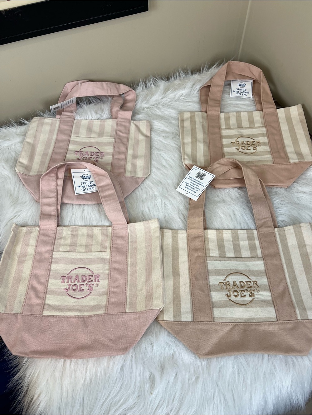 New set of 4 Trader Joe’s Pink & TanStriped Mini Canvas Tote bags